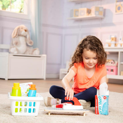 Melissa & Doug 8608 Laundry Basket Play Set With Wooden, Ironing Board, and Accessories (11 Pcs), Multicolor, 1 EA