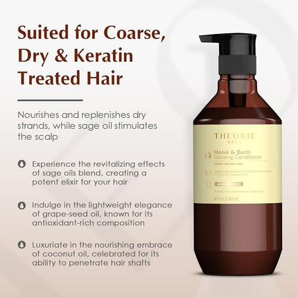 Theorie Monoi & Buriti Glossing Conditioner | Hydrate & Shine | Irresistible Scent of Strawberry, Tangerine & Orange | for Coarse & Dry Hair | Protects Color & Keratin Treated Hair | 400ml