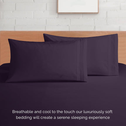 Elegant Comfort Luxurious 1500 Premium Hotel Quality Microfiber 4-Piece Sheet Set, 18-24 Inches Deep - Extra Deep Pocket Sheets - Ultra Soft 4PC Deep Pocket Sheets, Queen, Eggplant-Purple