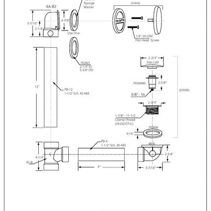 Westbrass 493144H-50 14" SCH. 40 ABS Bath Waste & Overflow Assembly with Tip-Toe Drain Plug and Illusionary Faceplate, White