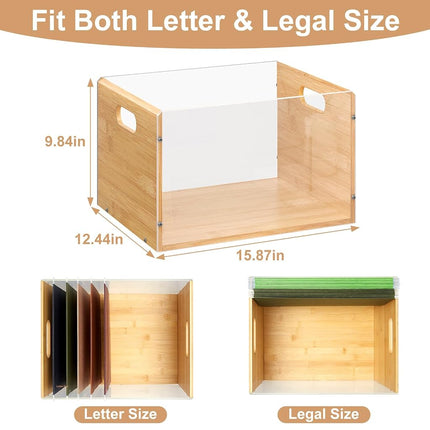 Sbanmao Letter/Legal Bamboo Acrylic File Box Organizer, Hanging File Folder Storage Boxes, Decorative Document Crate Transparent Filing Bin with Handle for Home Office Desk