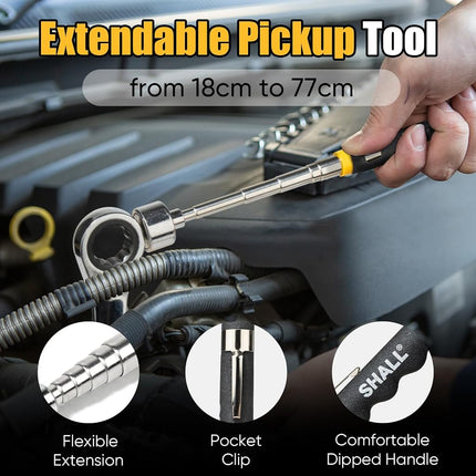 SHALL 3-Piece Magnetic Tool Parts Mat and Telescoping Magnetic Pickup Tool, Flexible Magnetic Tool Holder Pad W/ 83 Built-In-Magnets & 25LBS Pull Force Extendable Magnet for Mechanic Wrench Screw Bolt