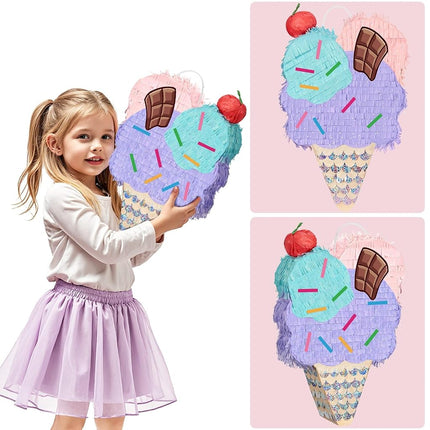 WERNNSAI Ice Cream Piñata - Summer Ice Cream Party Decorations for Kids Girls Birthday Pink Pinata Game Candyland Sweet Theme Party favors supplies with Bat Blindfold
