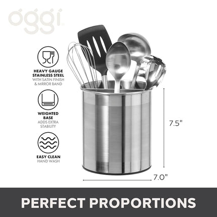 Oggi Jumbo Stainless Steel Rotating Utensil Holder with Removable Divider - Stylish Kitchen Cooking Utensil Organizer. Height 7.5".