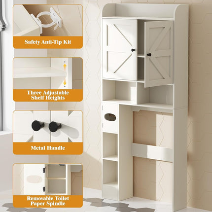 Vipbear Meuble de Rangement Autoportant en Bois au-Dessus des Toilettes avec 2 Portes Coulissantes, Porte-Papier Toilette, Dispositif Anti-Basculement et Étagère Réglable, Idéal pour Salle de Bain, Toilettes et Buanderie