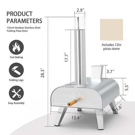 BIG HORN OUTDOORS 12 Inch Wood Pellet Pizza Oven, Portable Stainless Steel Outdoor Pizza Oven with Pizza Stone, Wood Fired Pizza Grill for Garden & Camping