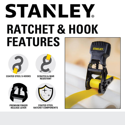 STANLEY S10002-12 Black/Yellow 1" X 12' Ratchet Straps - 500 LBS Safe Working Load / 1,500 LBS Break Strength, 2 Pack