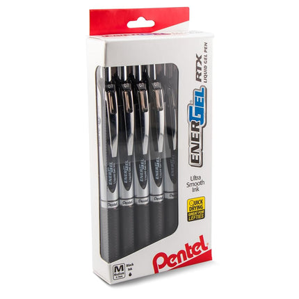 Pentel EnerGel RTX RT Liquid Gel Pen, Medium, 0.7mm, Metallic Tip, Black Ink, BL77PC12A1 (Pack of 12)