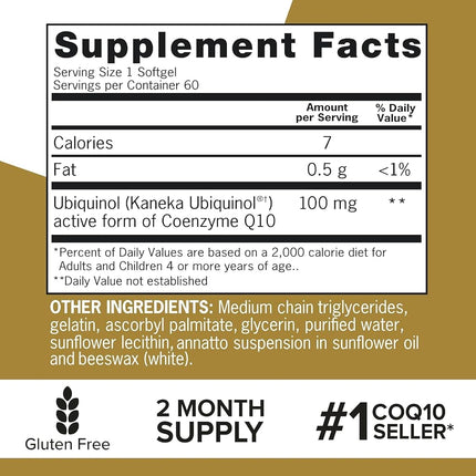 Qunol Ubiquinol CoQ10 Cápsulas blandas de 100 mg, Ubiquinol - Forma activa de Coenzima Q10, Antioxidante para la salud cardíaca, Niveles saludables de presión arterial, Beneficioso para usuarios de estatinas, 60 unidades