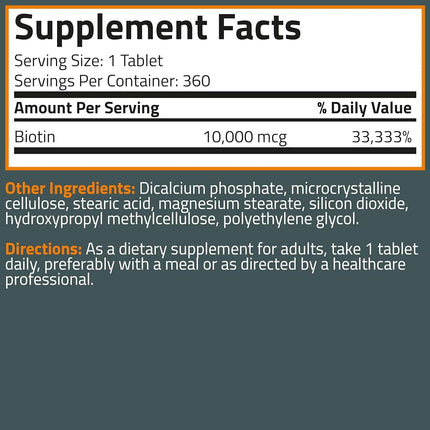 Bronson Biotin 10,000 MCG Supports Healthy Hair, Skin & Nails & Energy Production - High Potency Beauty Support - Non-GMO, 360 Vegetarian Tablets