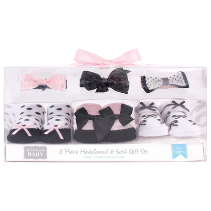 Set de regalo de diadema y calcetines para bebé Hudson Baby, moños negros y rosas, talla única