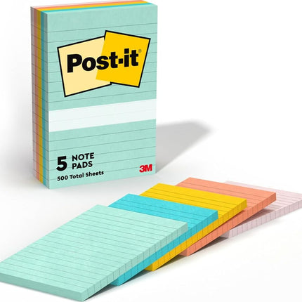 Post-it Notes, 4x6 in, 5 Pads, America's 1 Favorite Sticky Notes, Beachside Café Collection, Pastel Colors, Recyclable (660-5PK-AST)