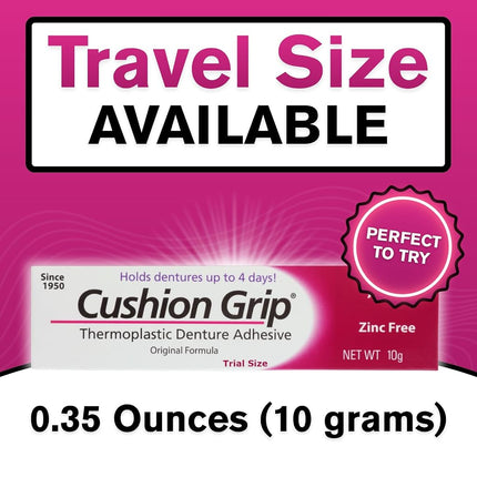Cushion Grip Thermoplastic Denture Adhesive, 0.35 oz (Travel Size) | Refits and Tightens Loose Dentures for Up to 4 Days | Non-Glue, Zinc-Free, Waterproof Formula, Acts Like a Soft Reliner