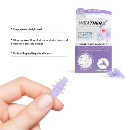 WeatherX Headache Prevention- Pressure Filtering Earplug for Shifts in Barometric Weather Pressure, Download Free Alert app (Regular 1 PK)