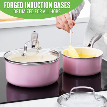GreenLife Artizan Healthy Ceramic Non-Stick 14cm/1l and 18 cm/2l Saucepan Pot Set with Lids, Stainless Steel Handle, Induction, PFAS-Free, Oven Safe, Pink