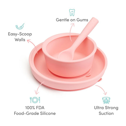 Munchkin Silicone Baby Feeding Set, Toddler Suction Bowl, Plate and Spoon, Baby Led Weaning and Infant Self Feeding, C’est Silicone! Mealtime Set, 4 Months and Up, BPA Free, Coral