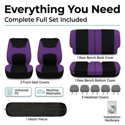 FH Group Light & Breezy Cloth Car Seat Covers, 7 Seater Three Row Set- Airbag & Split Ready -Universal for Cars Trucks and SUVs (Purple/Black)