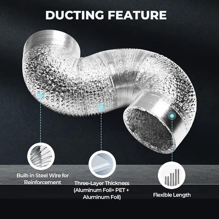Simple Deluxe 14 Inch 25 Feet Ducting, Non-Insulated Flex Air Aluminum Foil Duct for Dryer Vent Hose, Heating, Cooling, Ventilation, Exhaust, 2 Clamps Included, Silver