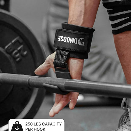 DMoose Fitness Weight Lifting Hooks (Pair) for Deadlifts, Pull Ups, Rows & Shrugs - Anti-Rip Nylon Strap Hand Grips with Thick Wrist Padding - Heavy Duty Wrist Straps for Weightlifting & Gym Workouts