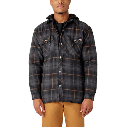 Dickies Men's Water Repellent Flannel Hooded Shirt Jacket, Black Charcoal Ombre Plaid, Large