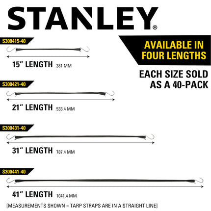 STANLEY S300431 Black 31" Rubber Tarp Bungee Cords for Boating, Camping, Cargo Support, 40 Pack