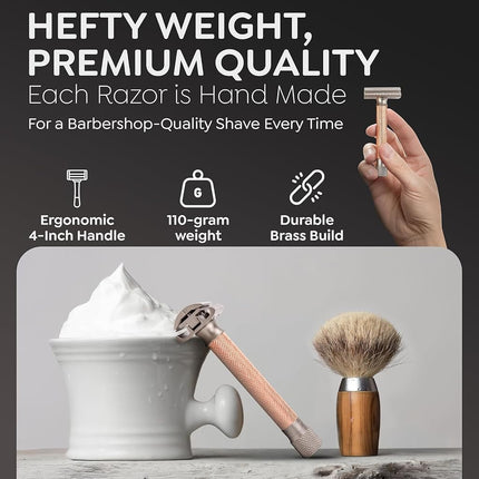 Parker Variant Adjustable Double Edge Safety Razor and 5 Parker Premium Blades (Rose Gold)