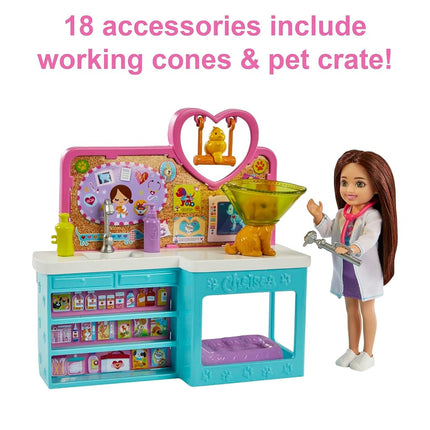Barbie Chelsea Doll and Accessories, Pet Vet Playset with Doll, 4 Animals and 18 Pieces, HGT12