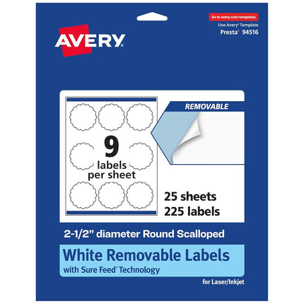 Avery Matte White Removable Round Scalloped Labels with Sure Feed Technology, Print-to-The-Edge, 2.5" Diameter, 225 Removable Labels, Laser/Inkjet Printable Labels
