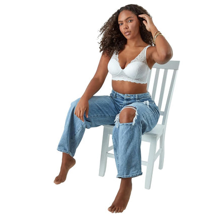 Maidenform Women's Wireless Bralette, Pure Comfort Lace Longline Bra, Convertible Bra for Women, White Bloom Lace, 36D