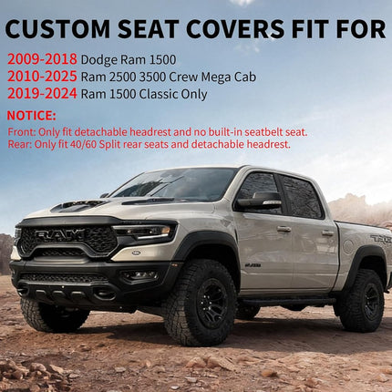 Truckiipa Custom for Dodge Ram 1500 Seat Covers Full Set Leather Seat Cover Fit for 2009-2018 Dodge Ram 1500, 2010-2023 Ram 2500 3500 Crew Mega Cab, 2019-2023 Ram 1500 Classic Only, Full Set, Black
