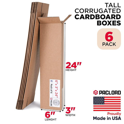 Paclord 6 Pack Large Cardboard Boxes 6" L x 3" W x 24" H - USA Made Packaging Boxes for Moving House, Shipping or Storage - USPS, UPS Approved