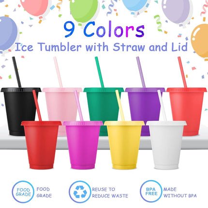 Sieral Cups with Straws and Lids Kids Tumbler with Straw Reusable Water Bottle Iced Coffee Travel Mug Cup Adults Plastic Cups for Parties 16 oz(Fresh Colors, 15 Pack)