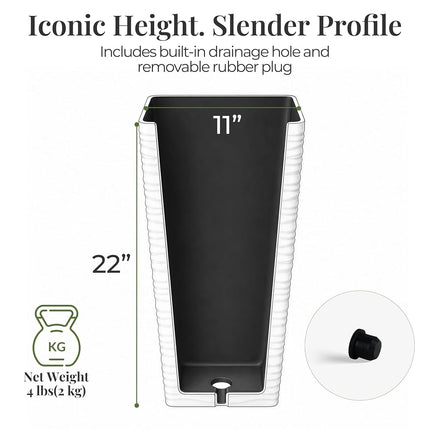 Worth Garden 2-Pack Tall Tapered Planter - Plastic White Square Plant Pots - 55CM Tall Large Tree Planter - Modern Matte Wavy Decorative Flower Pot for Indoor Outdoor Porch Deck