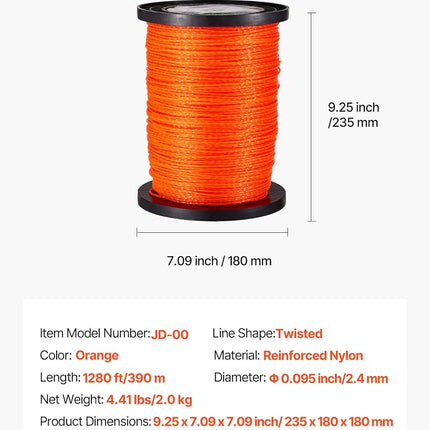 VEVOR 0.095 in 1280 ft String Trimmer Line, Orange Heavy Duty Weed Eater String, Premium Nylon Universal Replacement Trimmer Line Spool with Twisted Design, Suitable for Professional & Homeowner Use