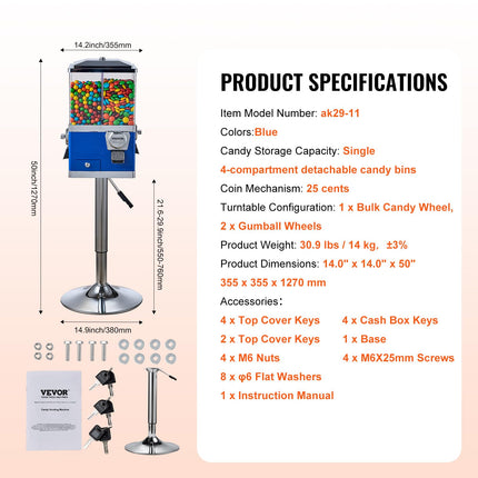 VEVOR - Commercial Vending Machine, Four Rotating Compartments, Candy and Candy Dispenser, Height Adjustable Candy Bank with Iron Stand, for Capsules