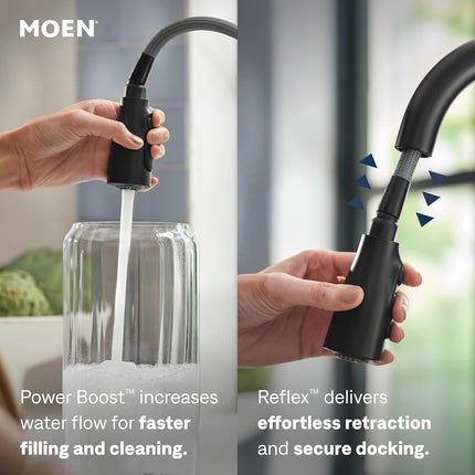 Moen 87627BL Haelyn Single-Handle Pull-Down Sprayer Kitchen Faucet with Reflex and Power Clean, Matte Black
