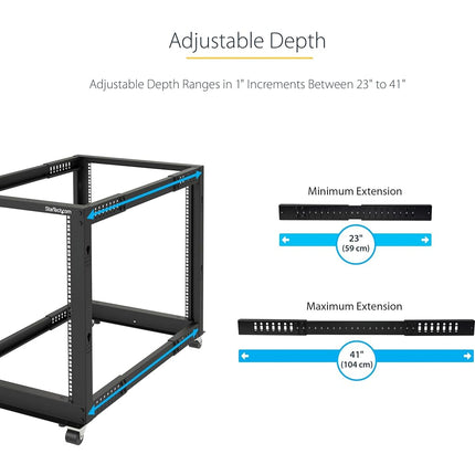 StarTech 15U 4-Post Open Frame Rack, 19in, 22-40in, 544kg/1200lb, 30in tall