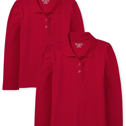 The Children's Place Girls' Multipack Long Sleeve Ruffle Pique Polos, Ruby 2-Pack, Small