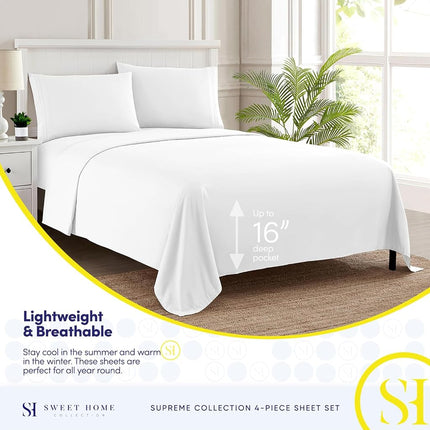 Sweet Home Collection Luxury Bedding Set with Flat, Fitted Sheet, 2 Pillow Cases, Microfiber, White, California King