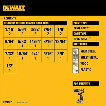 DEWALT (DW1361) Titanium Nitride Coated Drill Bit Set Pilot Tip 21 Piece