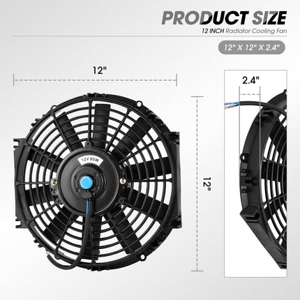 DNA Motoring Ventilador eléctrico delgado de alto rendimiento de 12 pulgadas para radiador con kit de montaje, negro, RAF-12+FMK
