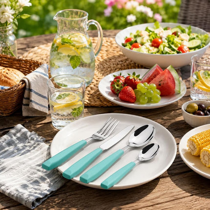 EXZACT 16pcs Cutlery Set Stainless Steel Wide Handles Serves 4 Turquoise