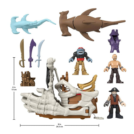 Fisher-Price Imaginext Billy Bones Pirate Ship Playset with Accessories 3 Action Figures & Toy Boat with Skeleton Hands and Launcher, 7 Accessories for Pirate Adventures