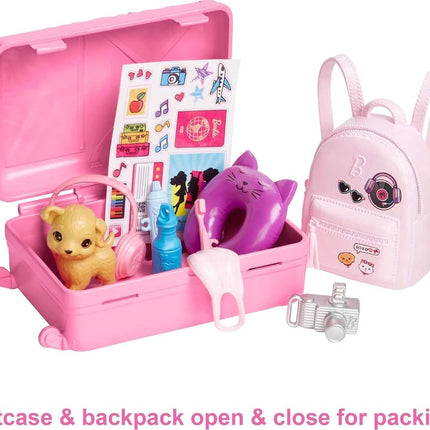 Barbie Doll & Accessories, Travel Set with Puppy and 10+ Pieces, Suitcase Opens & Closes, Barbie 'Malibu' with Blonde Hair, HJY18