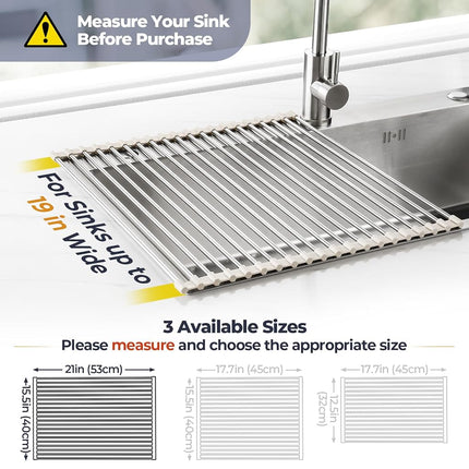 Tomorotec 21" x 15.5" Roll Up Dish Drying Rack Over Sink Drying Rack Sink Cover Kitchen Sink Accessories Gadget Multipurpose Organizer Foldable Stainless Steel Drainer