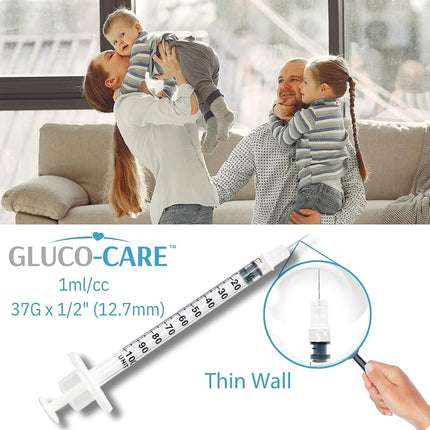 GLUCO-CARE 1 ml/cc Syringes 27G x 1/2’’ (12.7mm), Orange Cap, 100/box