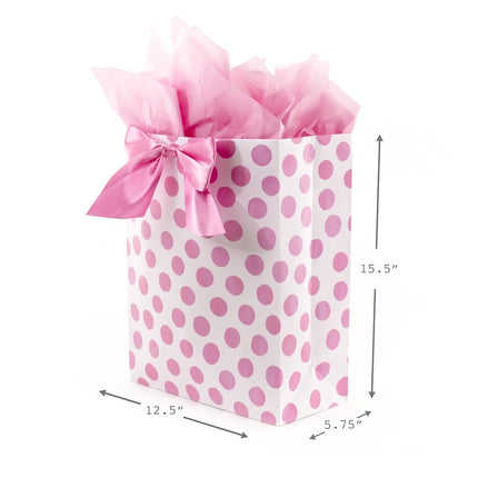 Hallmark Extra Large 15" Gift Bag with Tissue Paper (Pinky Dots and Bow) for Birthdays, Easter, Baby Showers, Bridal Showers, All Occasions