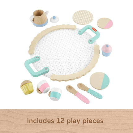 Juego de té de juguete de madera Fisher-Price para juego de imitación, juego de 12 piezas de madera con tetera, tazas y platillos para niños en edad preescolar de 3 años en adelante.