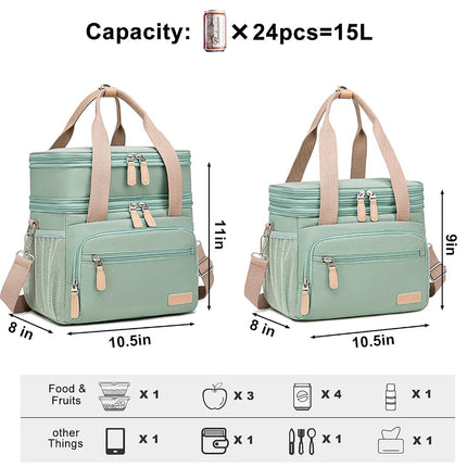 Weitars Insulated Lunch Box for Women Men-Dual Compartment Waterproof Reusable Large Lunch Bag for Women Wide-Open Tote Cooler Bag for Working Picnic Hiking (15L) (Green)