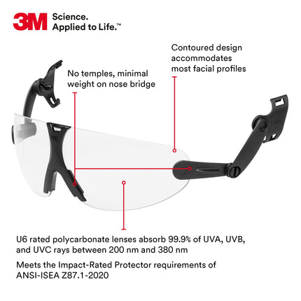 3M Safety Glasses, ANSI Z87, Anti-Fog Clear Lens, Attaches to Hard Hat Suspension